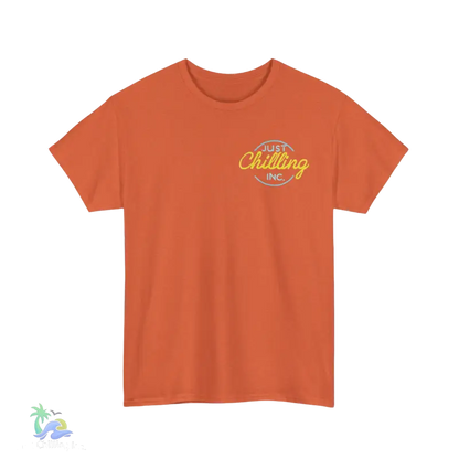 an orange t - shirt with a yellow and yellow lettering that says, happy chill