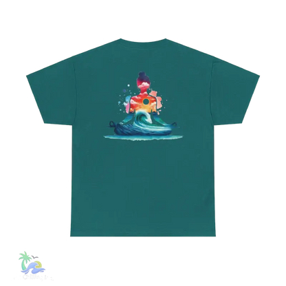 a green t - shirt with an image of a mermaid riding a wave