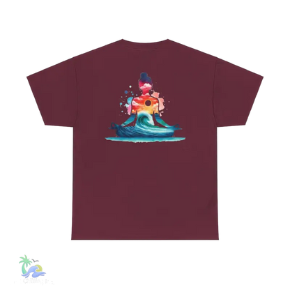 a maroon t - shirt with an image of a person on a surfboard