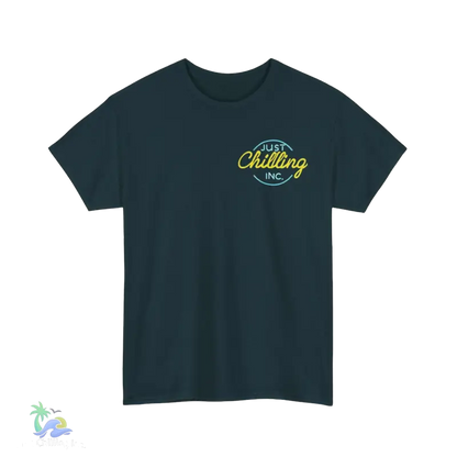 a black t - shirt with a yellow and green logo
