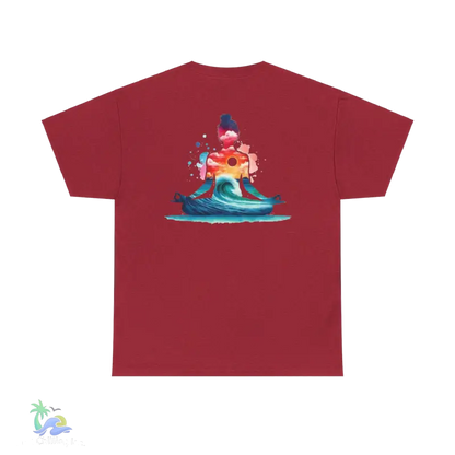 a red t - shirt with an image of a surfer riding a wave
