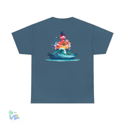 a blue t - shirt with an image of a surfer riding a wave