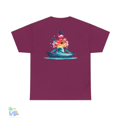a purple t - shirt with an image of a surfer riding a wave