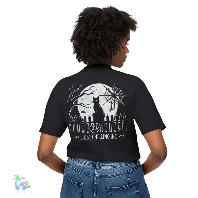 Black Cat T-Shirt – Minimalist Halloween Tee With Moon Design | Comfortable Cotton Top - Just Chilling Inc.