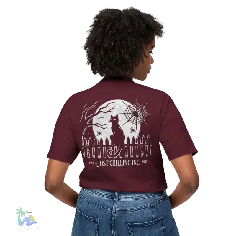 Black Cat T-Shirt – Minimalist Halloween Tee With Moon Design | Comfortable Cotton Top - Just Chilling Inc.