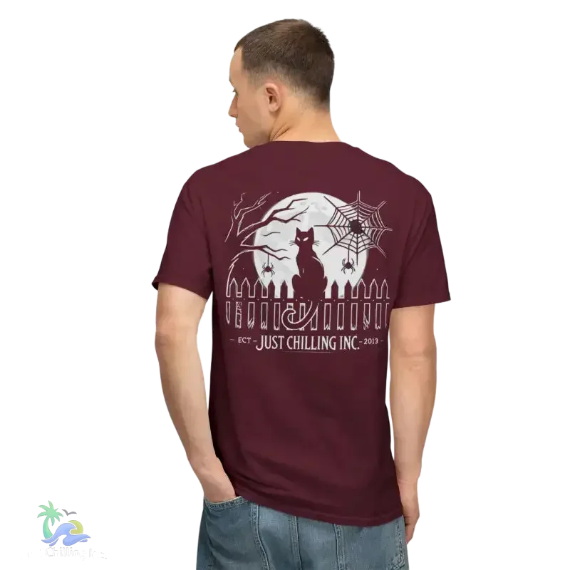 Black Cat T-Shirt – Minimalist Halloween Tee With Moon Design | Comfortable Cotton Top - Just Chilling Inc.