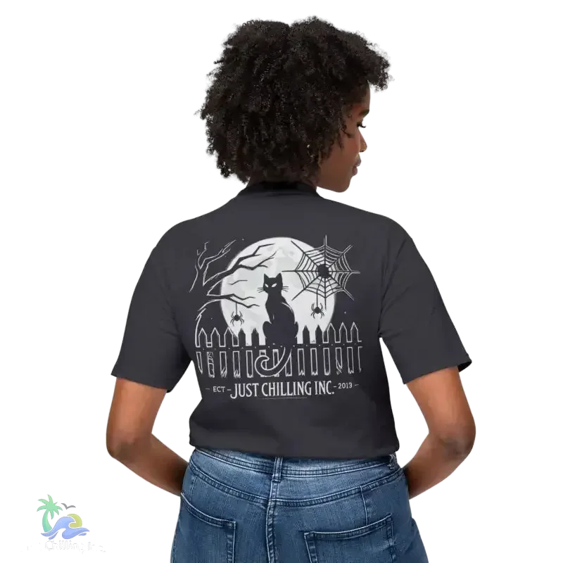 Black Cat T-Shirt – Minimalist Halloween Tee With Moon Design | Comfortable Cotton Top - Just Chilling Inc.