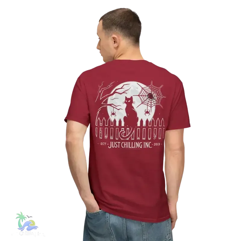 Black Cat T-Shirt – Minimalist Halloween Tee With Moon Design | Comfortable Cotton Top - Just Chilling Inc.