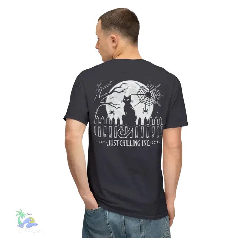 Black Cat T-Shirt – Minimalist Halloween Tee With Moon Design | Comfortable Cotton Top - Just Chilling Inc.