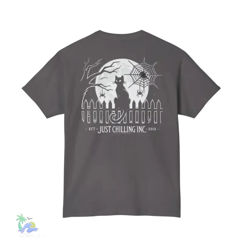 Black Cat T-Shirt – Minimalist Halloween Tee With Moon Design | Comfortable Cotton Top - Just Chilling Inc.