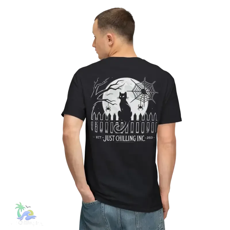 Black Cat T-Shirt – Minimalist Halloween Tee With Moon Design | Comfortable Cotton Top - Just Chilling Inc.
