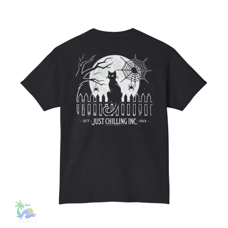 Black Cat T-Shirt – Minimalist Halloween Tee With Moon Design | Comfortable Cotton Top - Just Chilling Inc.