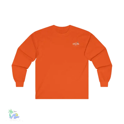An orange long-sleeved shirt with a white logo on the left chest area.