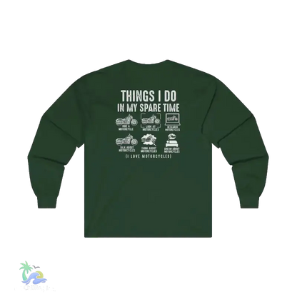 The image is a green long-sleeved shirt with white text on the back, depicting various motorcycle-related activities and interests.
