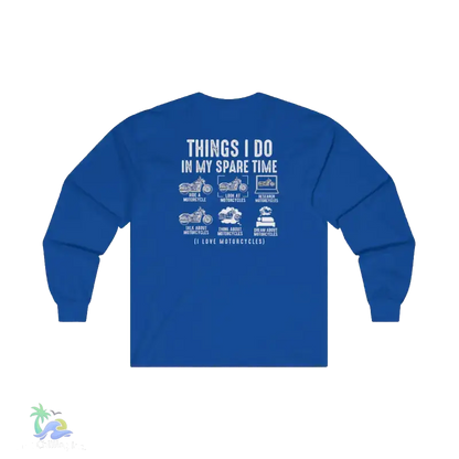 A blue long-sleeved shirt with white text and illustrations on the back.
