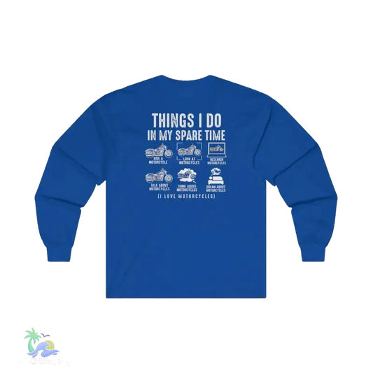 A blue long-sleeved shirt with white text and illustrations on the back.