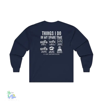 The image is a navy blue long-sleeved shirt with white text and illustrations on the back.