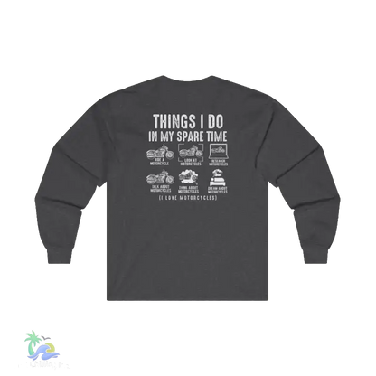 The image is a gray long-sleeve shirt with white text and illustrations on the back.