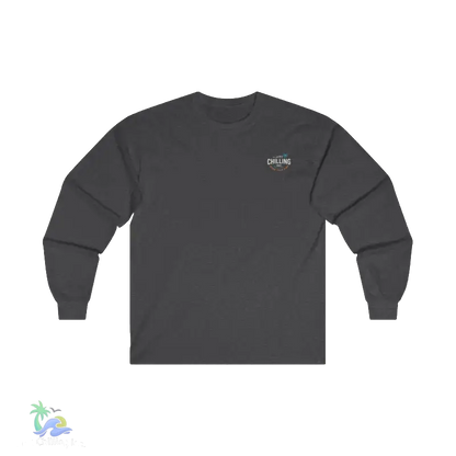 A gray long-sleeved shirt with a logo on the left side of the chest.