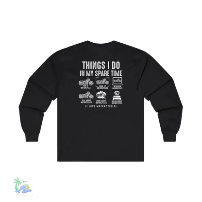 The image is a black long-sleeve t-shirt with white text and illustrations on the back.