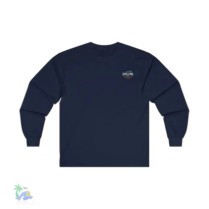 A navy blue long-sleeved shirt with a logo on the left side.