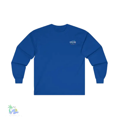 A blue long-sleeved shirt with a logo on the left chest area.