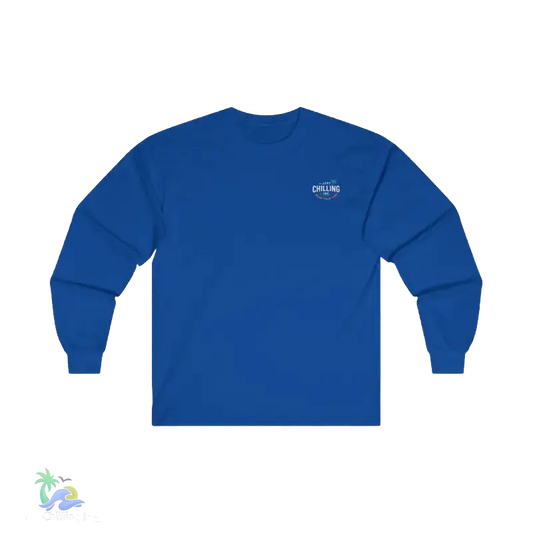A blue long-sleeved shirt with a logo on the left chest area.