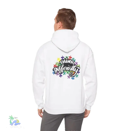 A person wearing a white hoodie with a colorful graphic and text on the back.