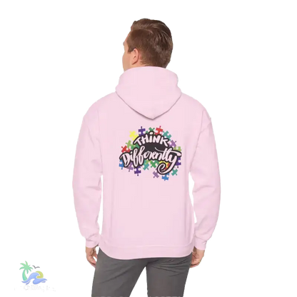A person wearing a pink hoodie with a colorful graphic and text on the back.