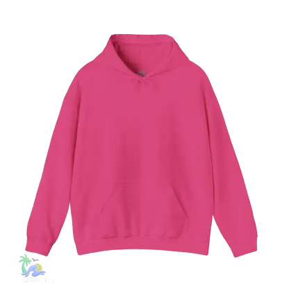 A bright pink hoodie is shown against a black background.