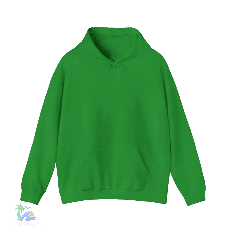 A bright green hoodie with a front pocket is shown against a black background.
