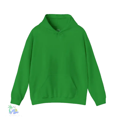 A bright green hoodie with a front pocket is shown against a black background.