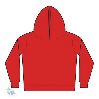A red hooded sweatshirt with a simple, minimalist design.