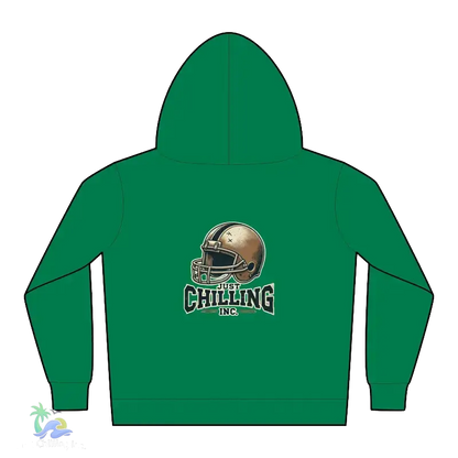 A green hoodie with a football helmet and the text "Just Chilling Inc." printed on it.