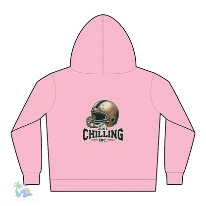 A pink hoodie with a graphic of a football helmet and the text "Just Chilling Inc." printed on it.