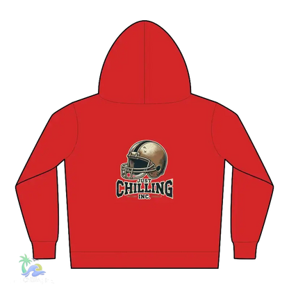 A red hoodie with a graphic of a football helmet and the text "Just Chilling Inc." printed on it.