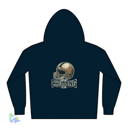 A navy blue hoodie with a gold football helmet and the text "Chilling Inc." printed on it.