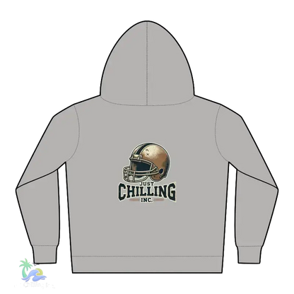 A grey hooded sweatshirt with a graphic of a football helmet and the text "Just Chilling Inc." printed on it.