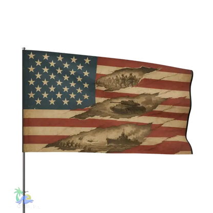 a flag with a design depicting a war scene, including soldiers, tanks, and other military vehicles.