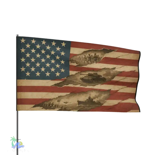 a flag with a design depicting a war scene, including soldiers, tanks, and other military vehicles.