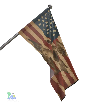 a flag with a distressed appearance, featuring a design of a flag and a bird.