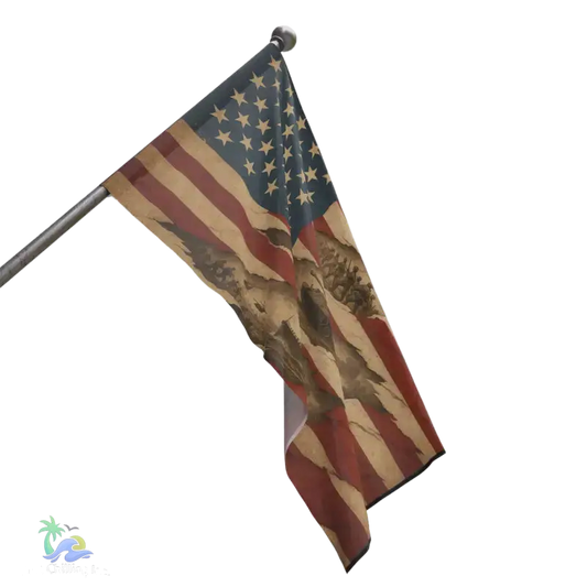 a flag with a distressed appearance, featuring a design of a flag and a bird.