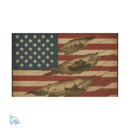 a collage of various military scenes, including soldiers, tanks, and ships, set against the backdrop of the American flag.