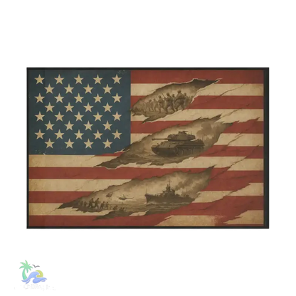 The image is a collage of various military scenes, including soldiers, tanks, and ships, set against the backdrop of the American flag.