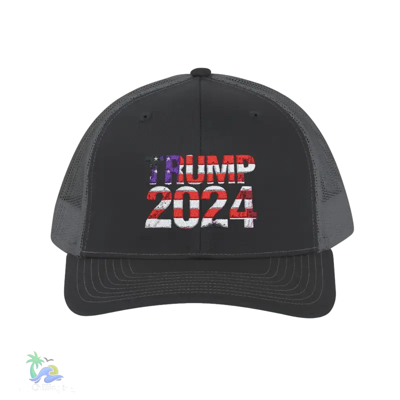 a black trucker hat with the american flag on it