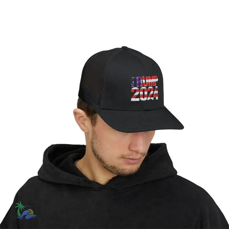 a man wearing a black hat with the american flag on it