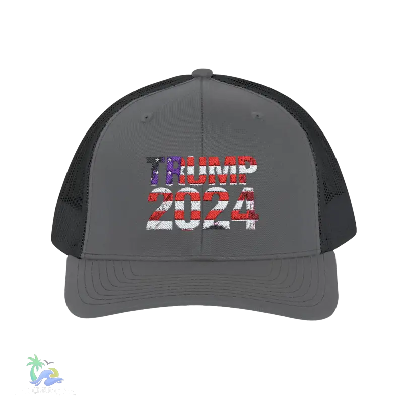 a gray and black trucker hat with the american flag on it