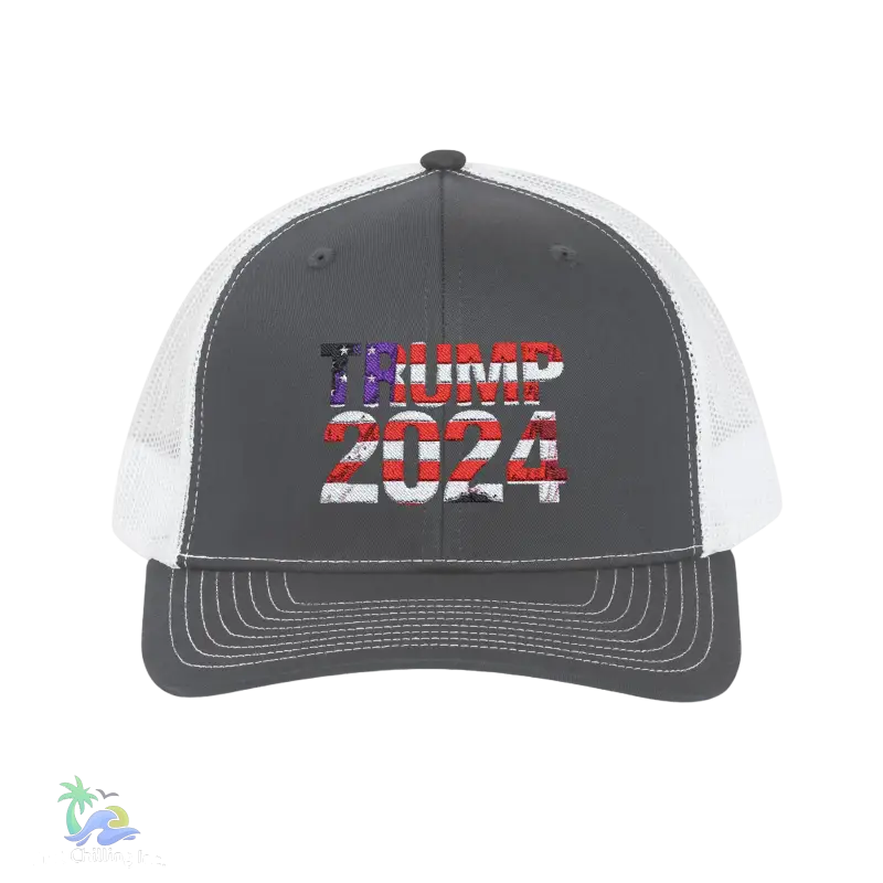 a gray and white trucker hat with the american flag on it