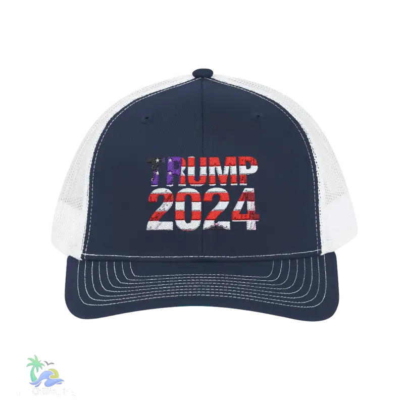 a blue and white trucker hat with the words trump on it