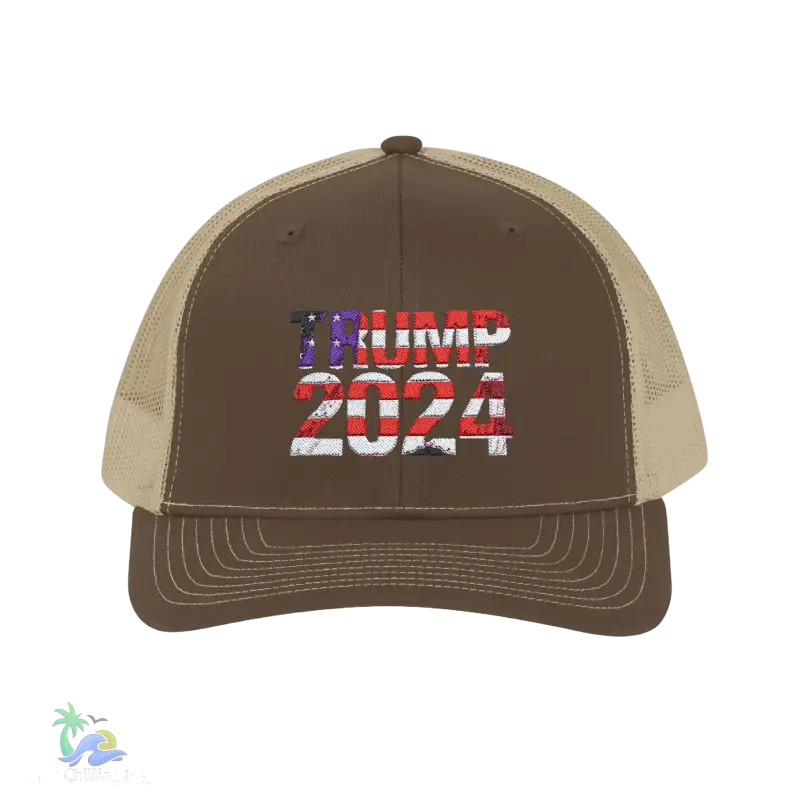 a brown and tan trucker hat with the american flag on it